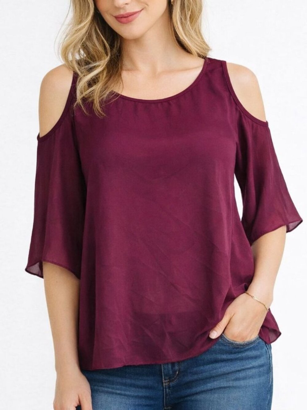 Sam Edelman Burgundy Cold Shoulder Blouse XS Flutter Sleeve Polyester Top